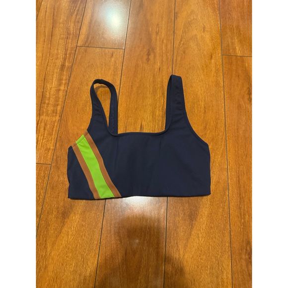 Women's Tory Burch Sports Bra M Navy Blue with Lime Green & Brown Stripes - Picture 2 of 4